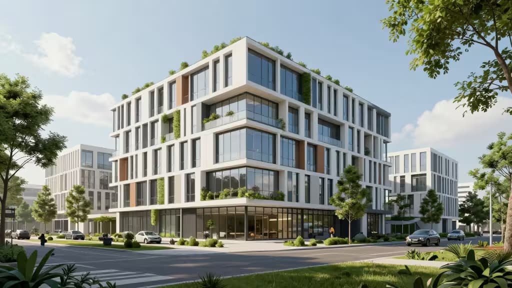 Nowoczesny budynek ze szklaną fasadą i zielenią, fotorealistyczna wizualizacja architektoniczna wygenerowana przez AI