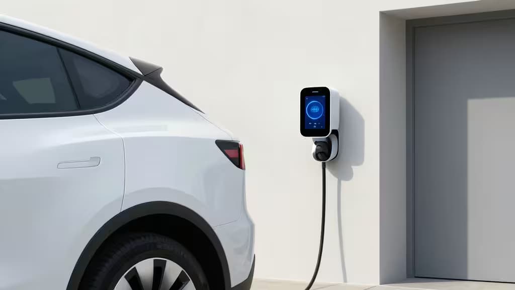 Un moniteur d'énergie intelligent monté sur un mur blanc affiche des données de recharge pour une voiture électrique garée dans un garage moderne et épuré