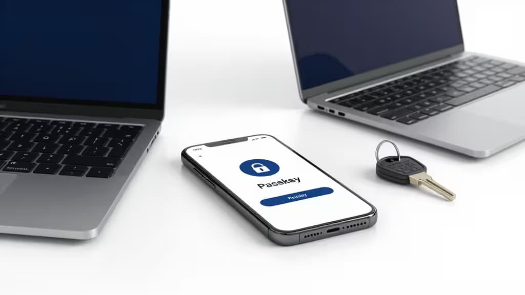 Minimalistischer Schreibtisch mit Smartphone (Passkey-Anzeige), Laptop und Sicherheitsschlüssel.
