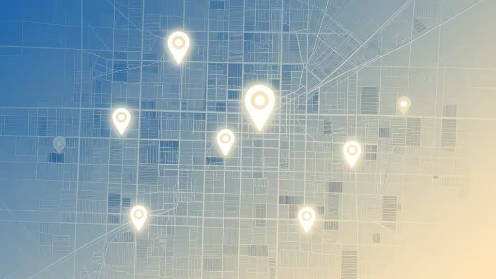 Abstract city map grid with glowing location pins and heatmap overlays in blue and amber tones, representing local SEO rank tracking across a service area.