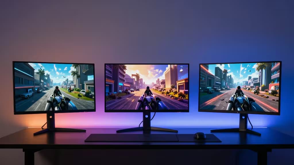 Three sleek 4K 144Hz gaming monitors display vibrant motorcycle racing scenes on a dark desk.