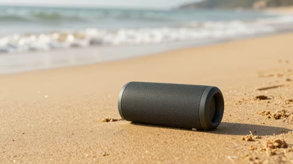 A rugged waterproof Bluetooth speaker resting on golden beach sand near gentle ocean waves in warm coastal sunlight.