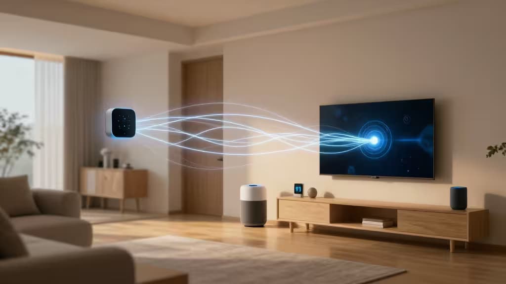 Un controlador Matter negro y compacto emite ondas azules de Thread hacia un televisor de pared, conectando dispositivos inteligentes de Apple, Amazon y Google en un salón moderno.