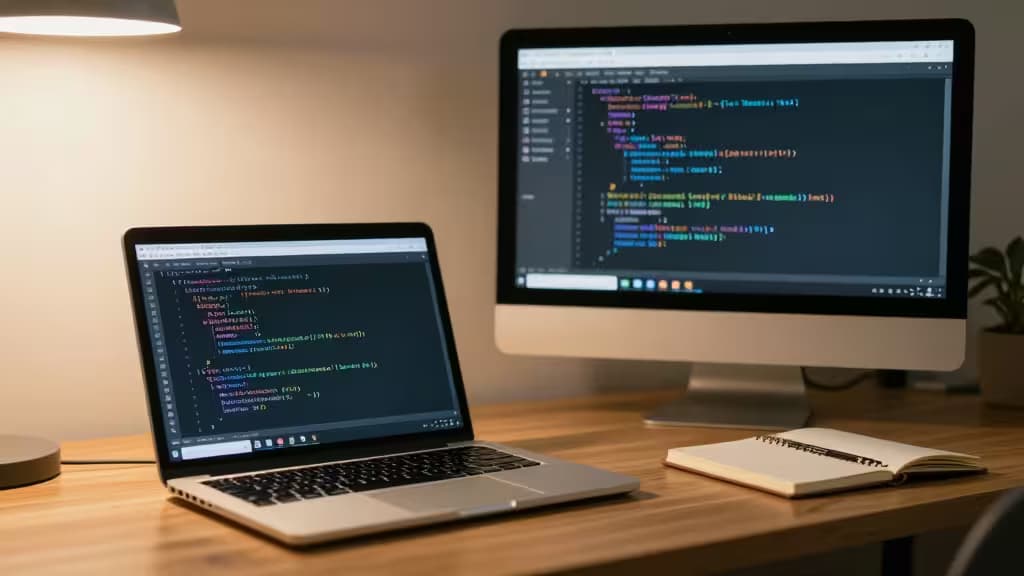 A developer's workspace with a laptop displaying Python code, a modern monitor, and a notebook under warm ambient lighting