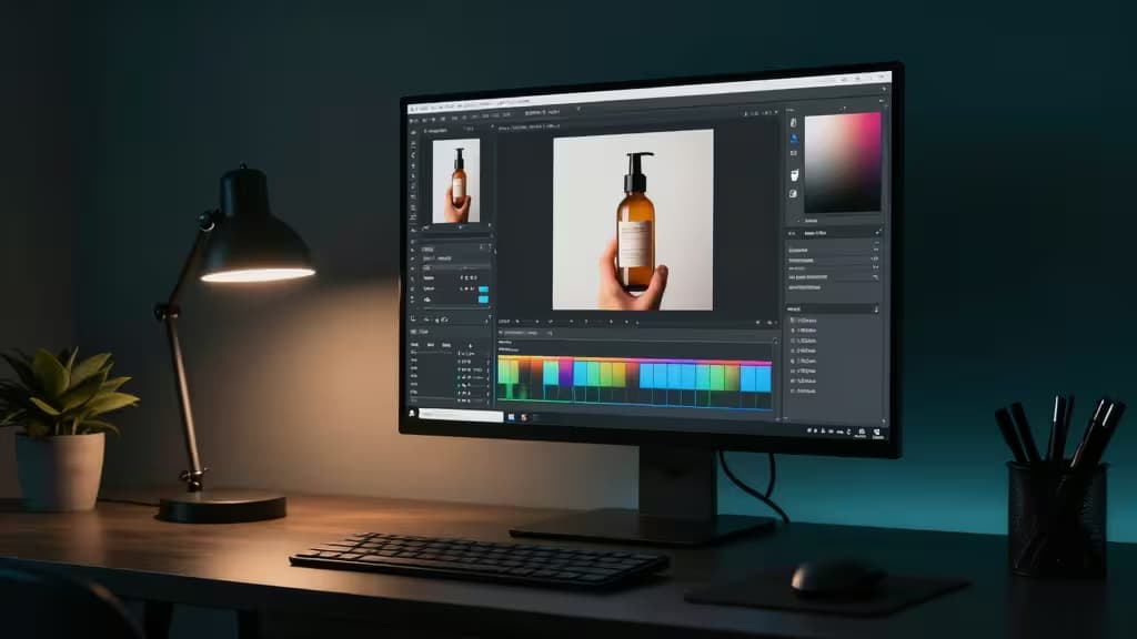 Un écran élégant affichant un logiciel d'édition photo IA sur un bureau en bois, éclairé par une lampe moderne à côté d'une plante et d'un clavier.
