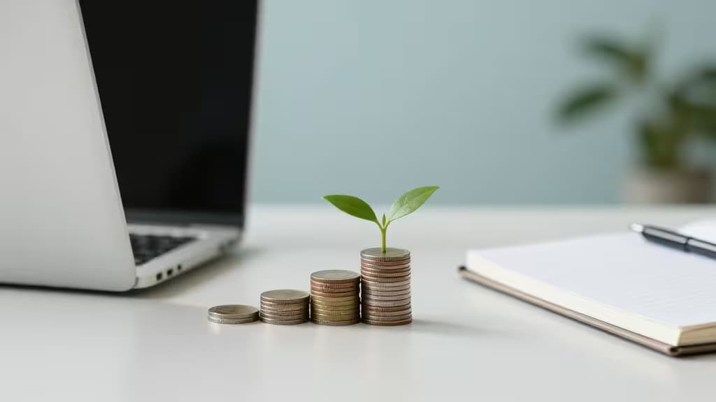 Minimalistisch bedrijfsbureau met laptop, munten die groeien als een plant en een notitieboek — redactionele financiële fotografie in gedempte blauwe en groene tinten.