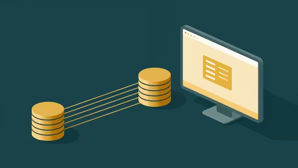 Cilindros de banco de dados dourados conectados por linhas a um ecrã de computador exibindo código, ilustrando o fluxo de dados ORM para desenvolvedores TypeScript.