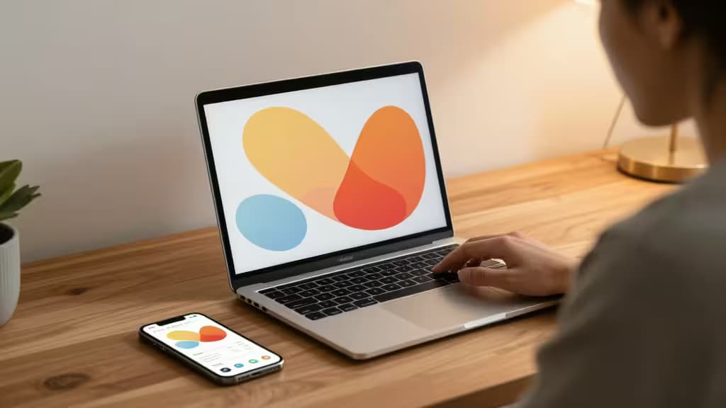 A developer uses a laptop and smartphone displaying colorful app interfaces on a wooden desk.