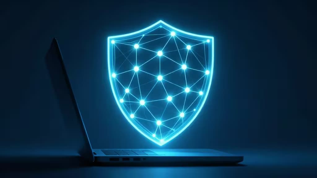 Laptop emits glowing blue shield with network nodes, symbolizing offline AI privacy and data security.