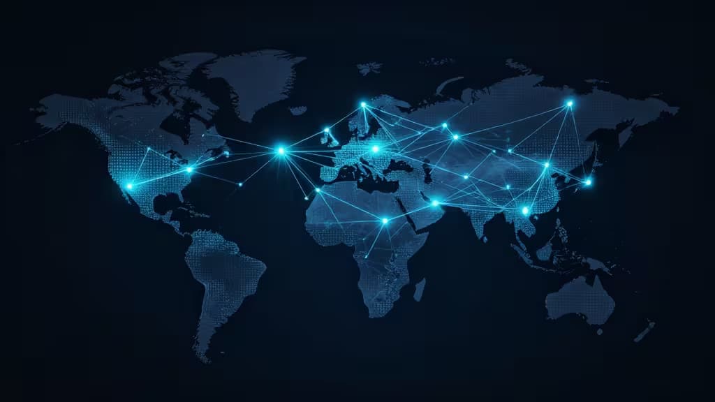 Glowing blue network nodes connect across a dark digital world map, symbolizing global edge computing infrastructure.