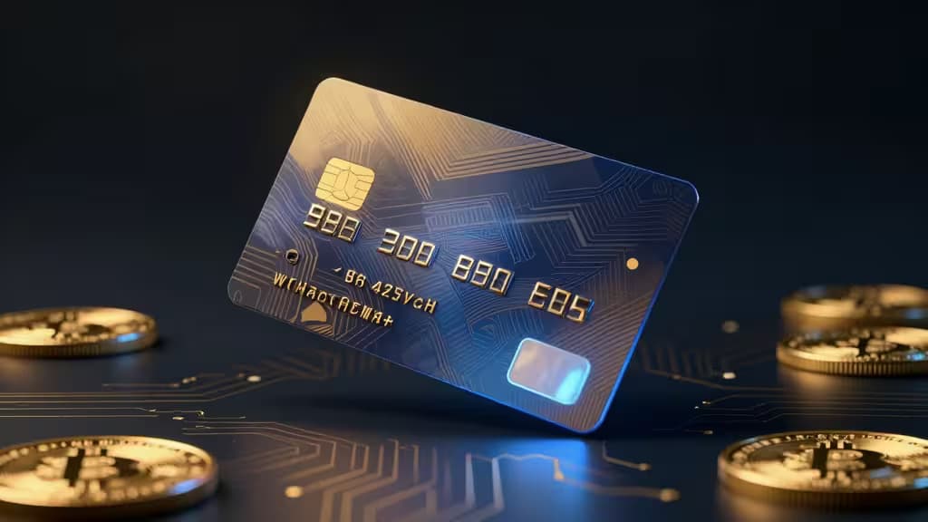 Una elegante tarjeta de crédito azul con circuitos dorados flota sobre monedas de Bitcoin doradas sobre una superficie oscura con patrón tecnológico.