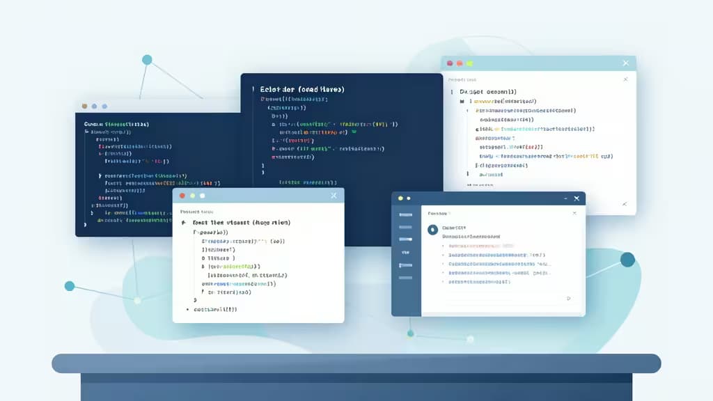 Illustration abstraite représentant la revue de code assistée par IA avec des extraits de code et des fenêtres de pull request reliés par un réseau neuronal