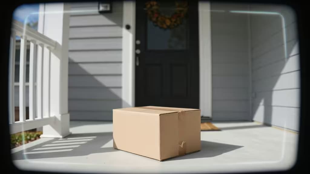 A cardboard package sits on a sunlit porch, framed by a security camera's wide-angle lens.