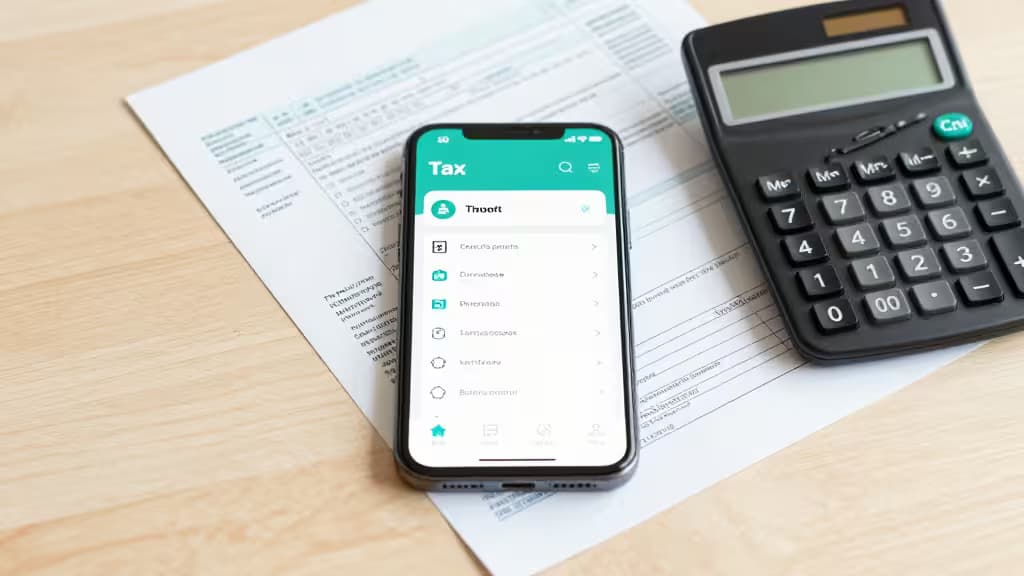 Smartphone displaying tax app, calculator, and German documents on wooden desk.
