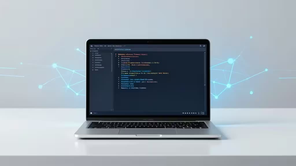 A sleek laptop displays code on its screen, surrounded by glowing network nodes, symbolizing local AI processing.