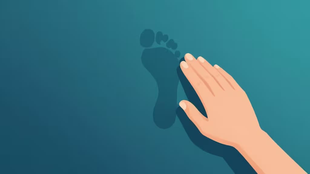 Uma mão apaga uma pegada digital sobre um fundo azul-petróleo, simbolizando remoção de dados e proteção de privacidade.