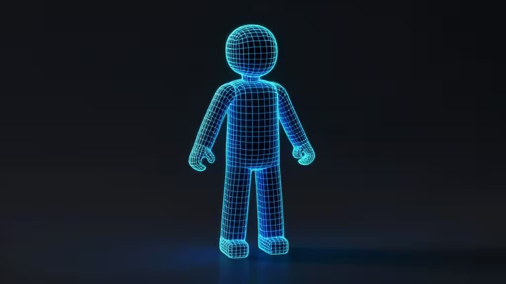 Glowing blue wireframe humanoid model stands centered on dark reflective surface, showcasing clean topology for game development.