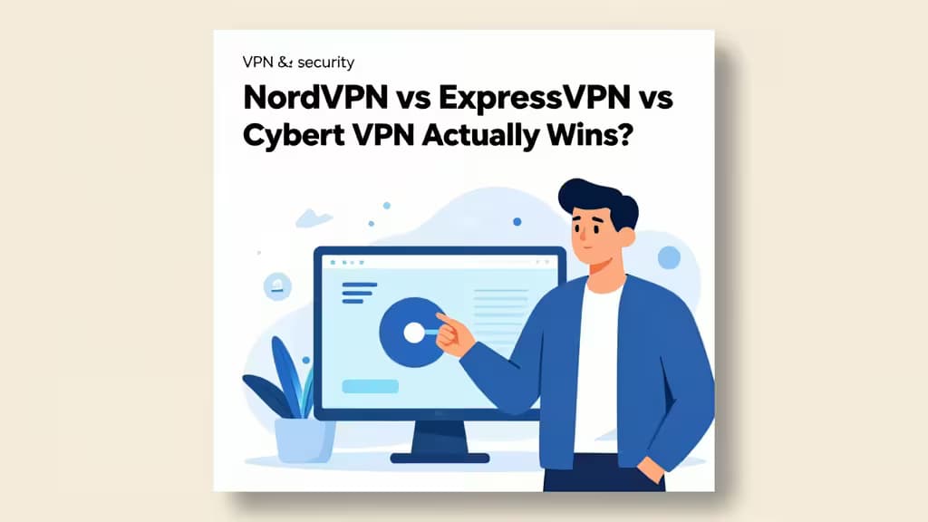 NordVPN, ExpressVPN, and CyberGhost logos compared on a dark blue background with a shield icon