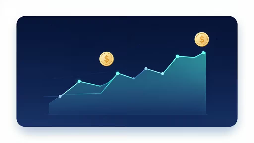 Abstrakte Darstellung eines Finanz-Dashboards mit aufwärts gerichteten Diagrammen und Portfolio-Icons in Blau, Gold und Türkis