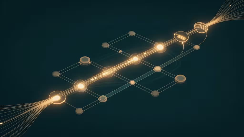 Glowing fiber-optic strands weave through metallic nodes, visualizing streamlined data pipeline orchestration for agile small teams.