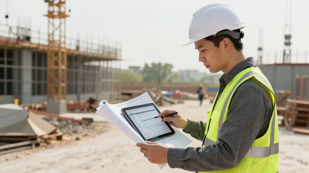 Construction worker in hard hat and safety vest reviews blueprints on tablet at active site.