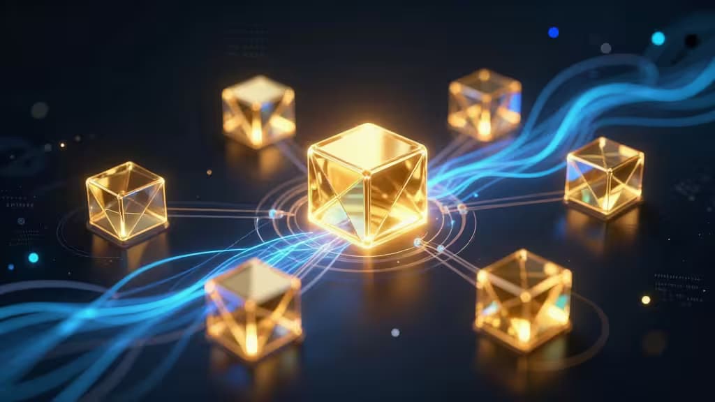 Glowing gold cubes connect via blue light streams on a dark background, symbolizing liquid staking networks.