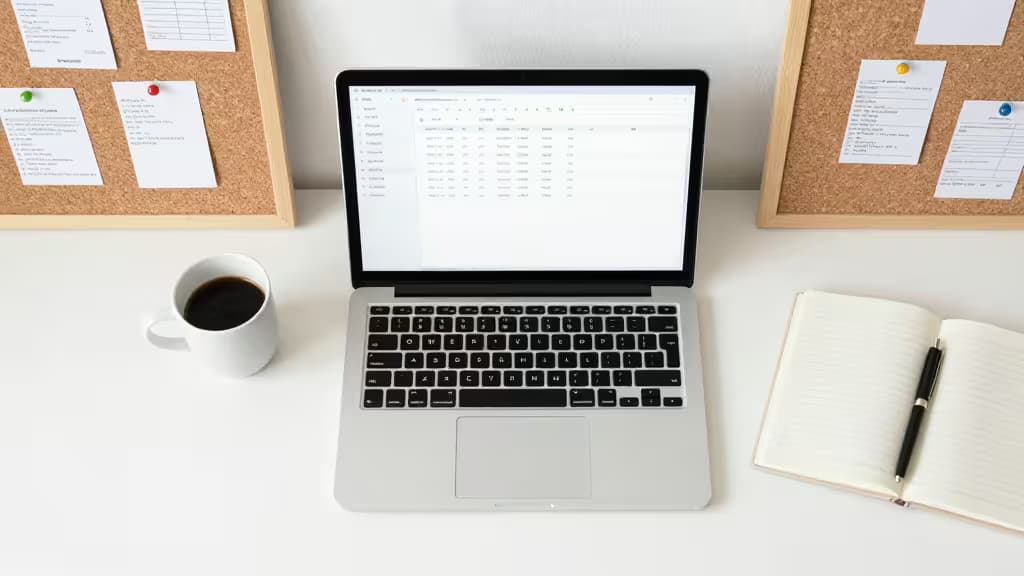 Laptop displays expense tracker, flanked by coffee, notebook, and Italian-themed corkboards.