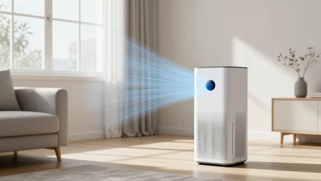 Purificador de aire inteligente blanco con pantalla LED azul que emite aire limpio en un salón moderno bañado de luz solar.