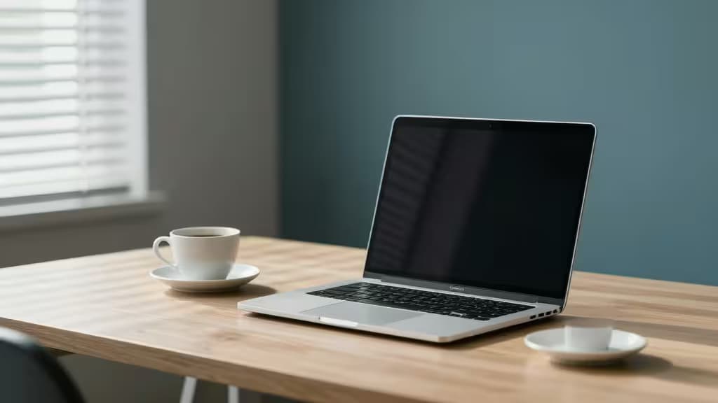 Silver laptop rests on light wood desk beside white coffee cup, evoking remote work for sole proprietors managing online banking accounts.
