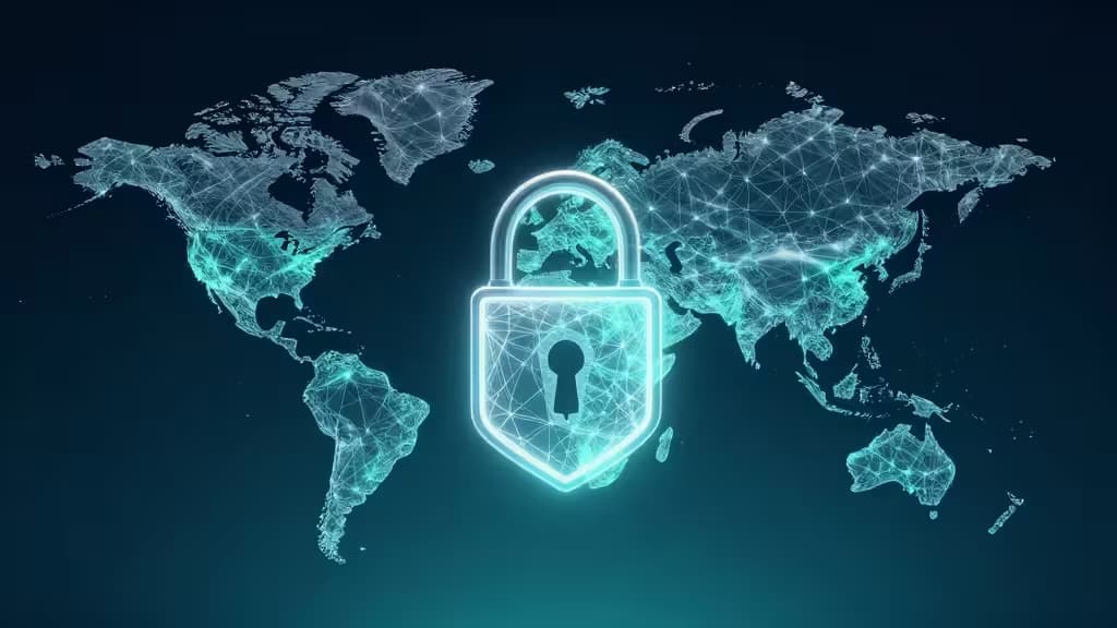 Luminoso lucchetto digitale sovrasta una mappa mondiale in rete, simboleggiando sicurezza VPN economica e privacy globale.