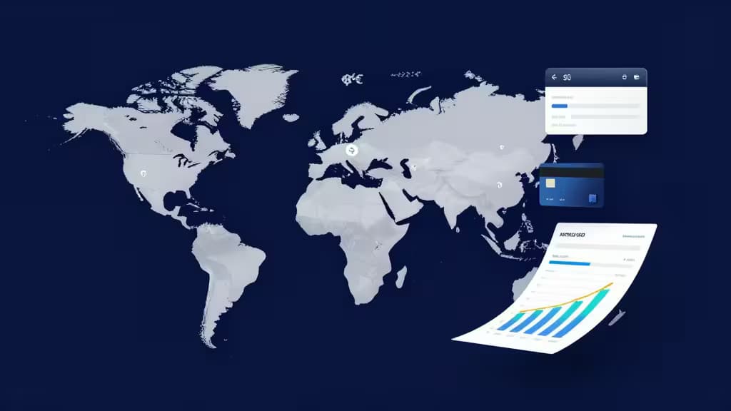 Una mappa del mondo mostra dashboard finanziarie fluttuanti, una carta aziendale e grafici analitici su uno sfondo blu scuro.