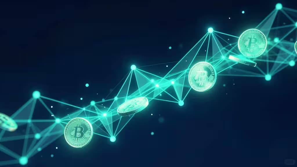 Abstract illustration of cryptocurrency tokens flowing through a network of glowing nodes in navy and teal tones