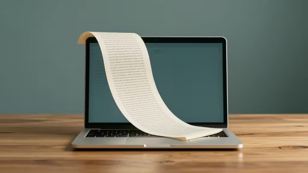 Un documento impreso emerge de la pantalla de un portátil, simbolizando la creación de contenido de formato largo con IA.