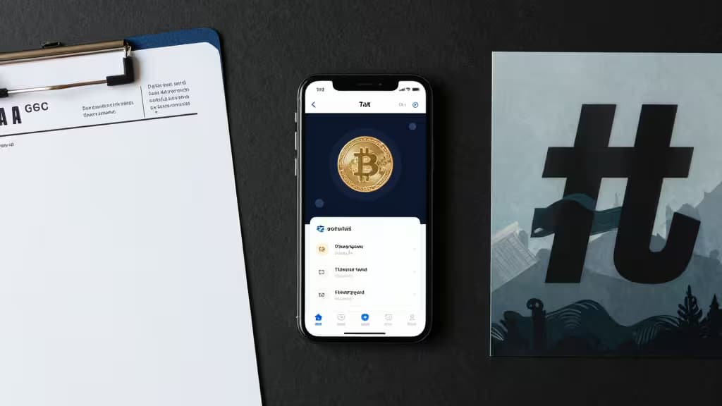 Composizione minimal su scrivania scura con smartphone che mostra un'app di portafoglio crypto, una cartella fiscale e un'illustrazione di NFT, illuminazione soffusa.