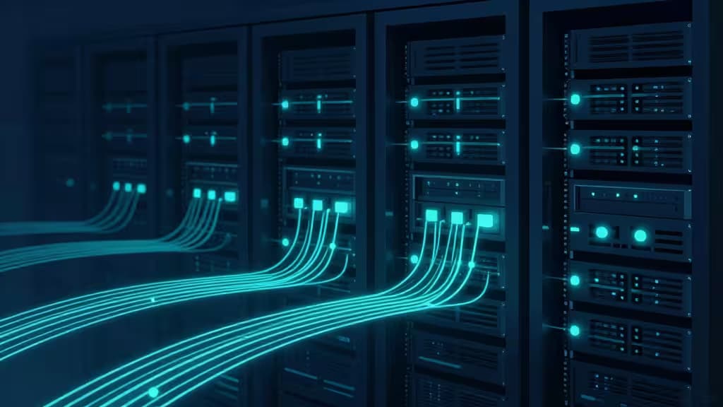 Abstrakte Darstellung von Background-Job-Verarbeitung: Dunkle Server-Infrastruktur mit leuchtenden Datenströmen, die durch Warteschlangen fließen
