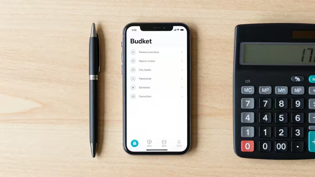 Smartphone affichant une application de budget, à côté d'une calculatrice, d'un stylo et d'une clé sur une table en bois.
