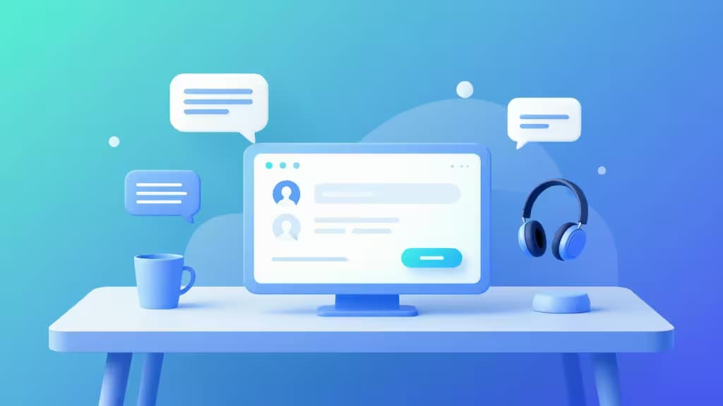 Un bureau bleu minimaliste avec un moniteur affichant une interface de chat, entouré de bulles de dialogue flottantes et d'un casque audio.