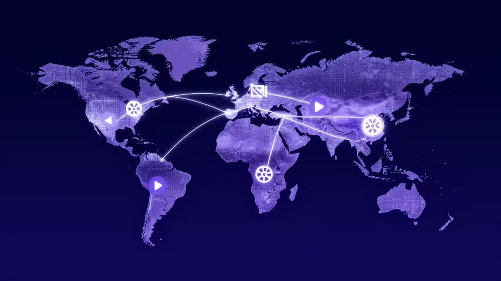A purple world map with glowing icons and connecting lines symbolizes global VPN access to streaming services.