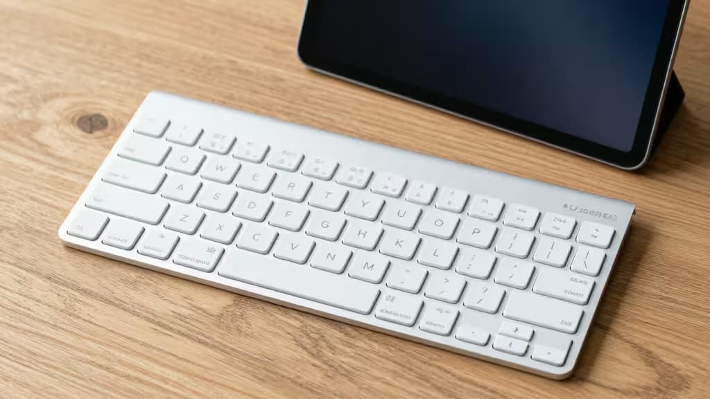 Biała klawiatura Bluetooth Utechken leży obok tabletu na drewnianym biurku.