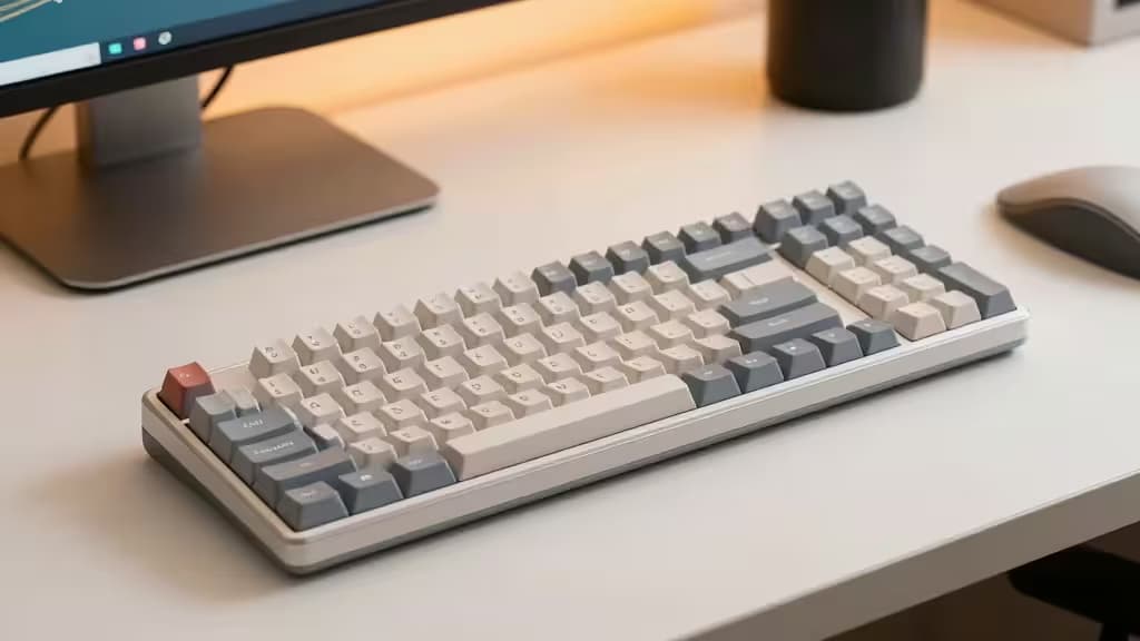 Eine kompakte, flache mechanische Tastatur mit farblich kodierten Tastenkappen auf einem weißen Schreibtisch neben Monitor und Maus.