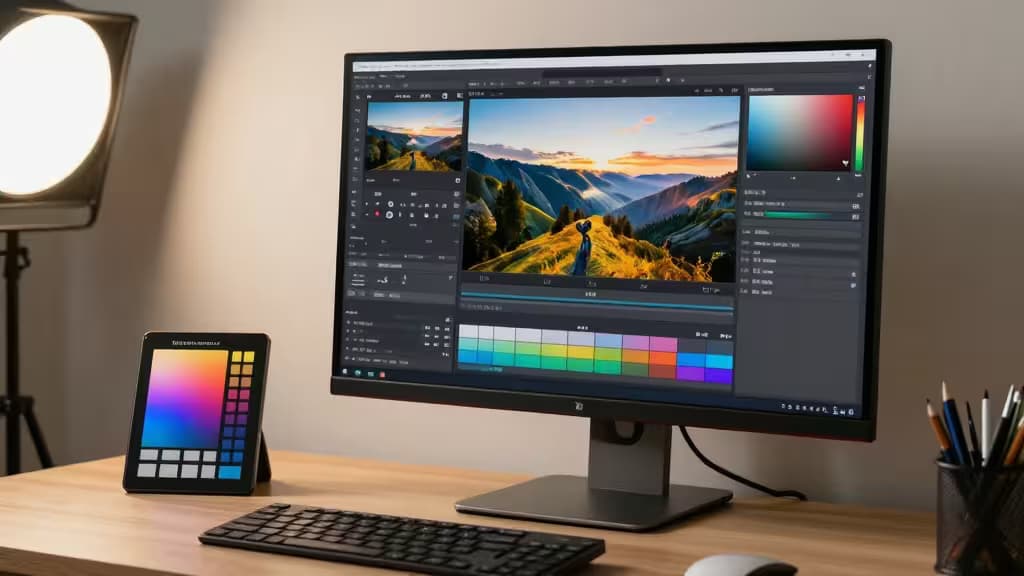 Un grande monitor IPS mostra una vivace foto paesaggistica, affiancato da uno strumento di calibrazione colore e morbida illuminazione da studio su una scrivania in legno.