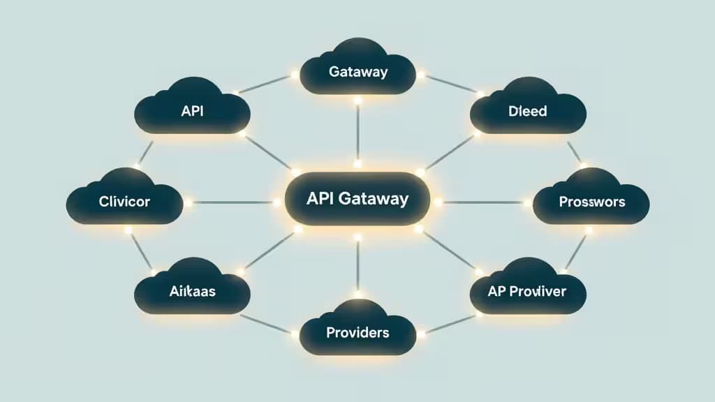 Glowing dark clouds labeled "API Gateway" and provider names connect via luminous lines on a pale blue background, symbolizing AI routing architecture.