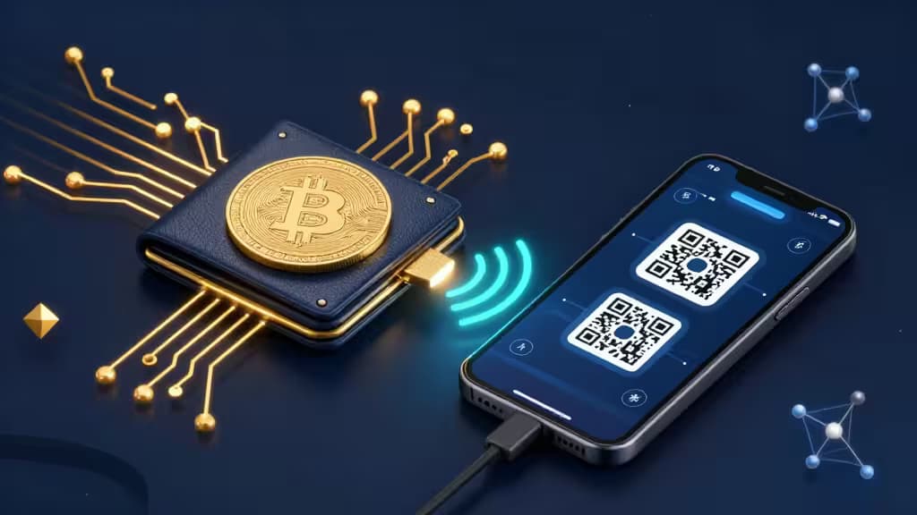 Abstracte illustratie van een crypto wallet die verbinding maakt met decentralized finance-apps, met gloeiende circuitlijnen, QR-codes en blockchain-elementen in donkerblauwe en gouden tinten.