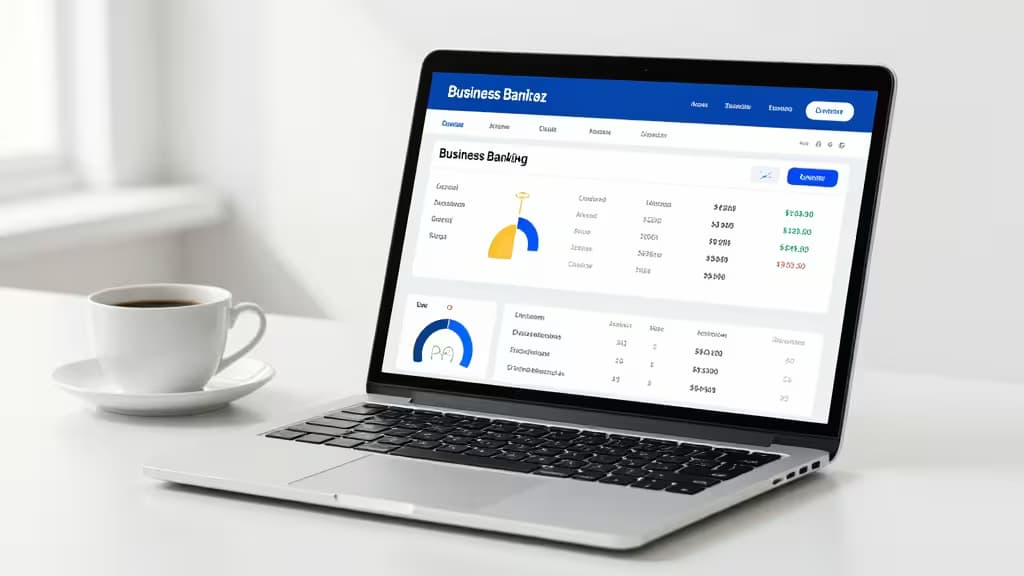 Silver laptop displays blue-and-white fintech dashboard with financial charts, beside white ceramic coffee cup on minimalist white desk.