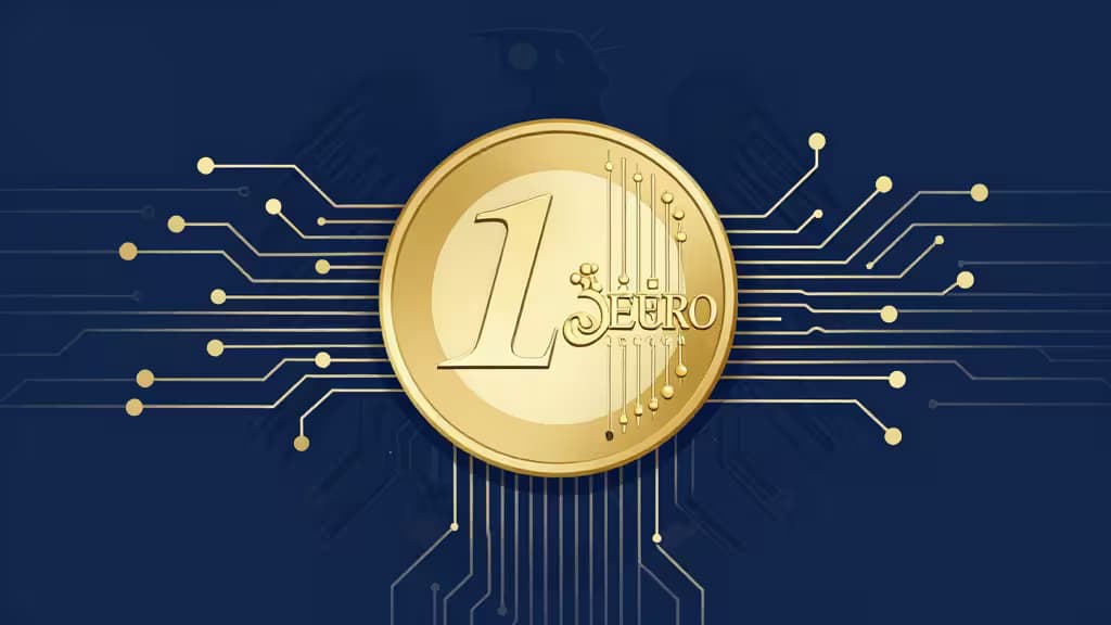 Золотая монета евро сливается с цифровой схемой, символизируя торговлю криптовалютой в Германии.