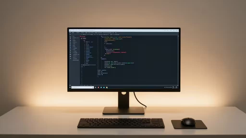 Minimalist desk setup with a vertical monitor displaying lines of code in warm ambient lighting