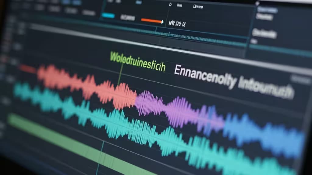 A close-up of a digital audio waveform editor displaying colorful sound waves and overlaid text.