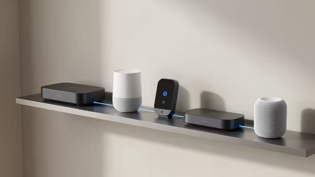 Vier smart home hubs en speakers op een minimalistische plank met blauwe LED-accenten.