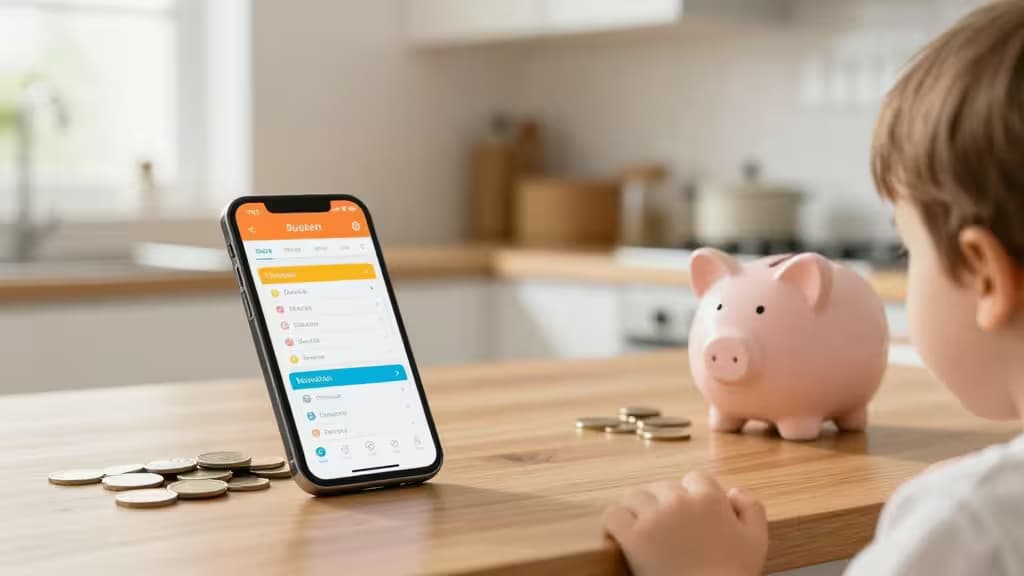 Cucina familiare luminosa con smartphone che mostra un'app di budgeting colorata, monete e un salvadanaio da tavolo sul bancone