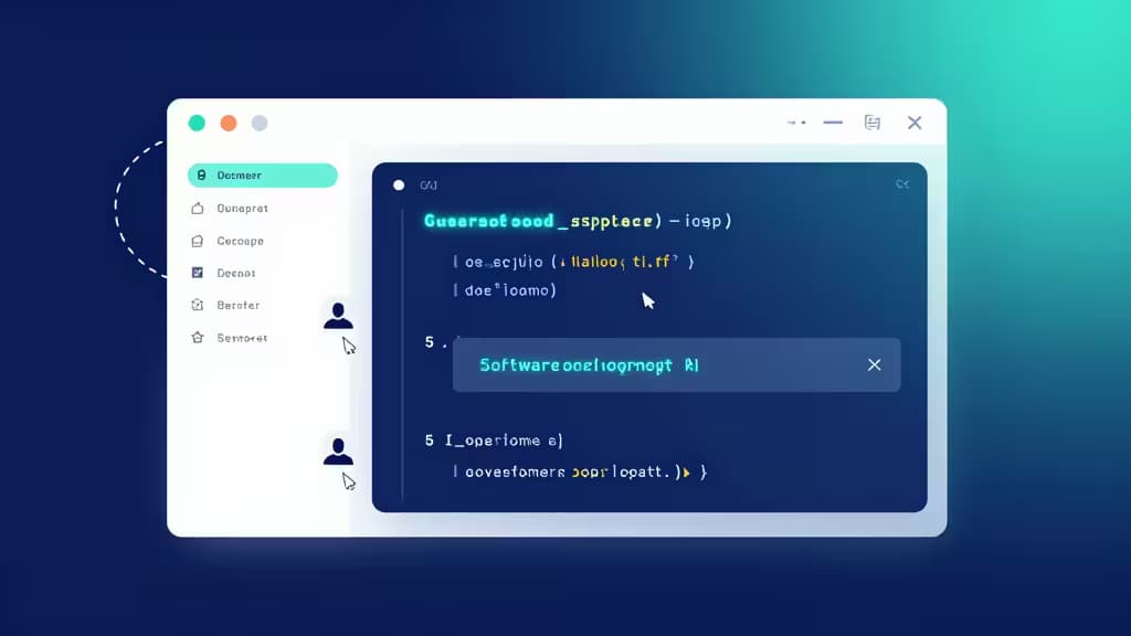 Un éditeur de code au thème sombre affiche du JavaScript coloré avec une suggestion IA flottante au-dessus du code.